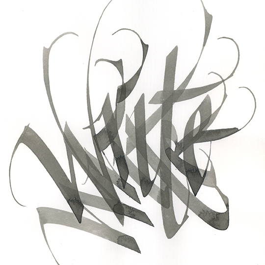 Overlapping calligraphy inf washy black ink of word "write"